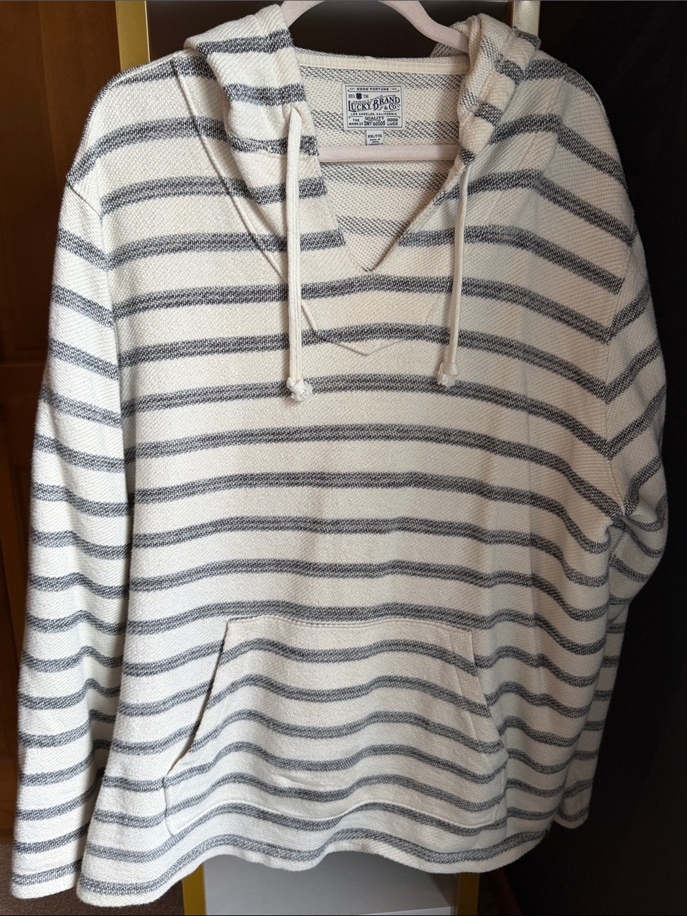 Lucky Brand Cream and Gray Striped Hooded Pullover